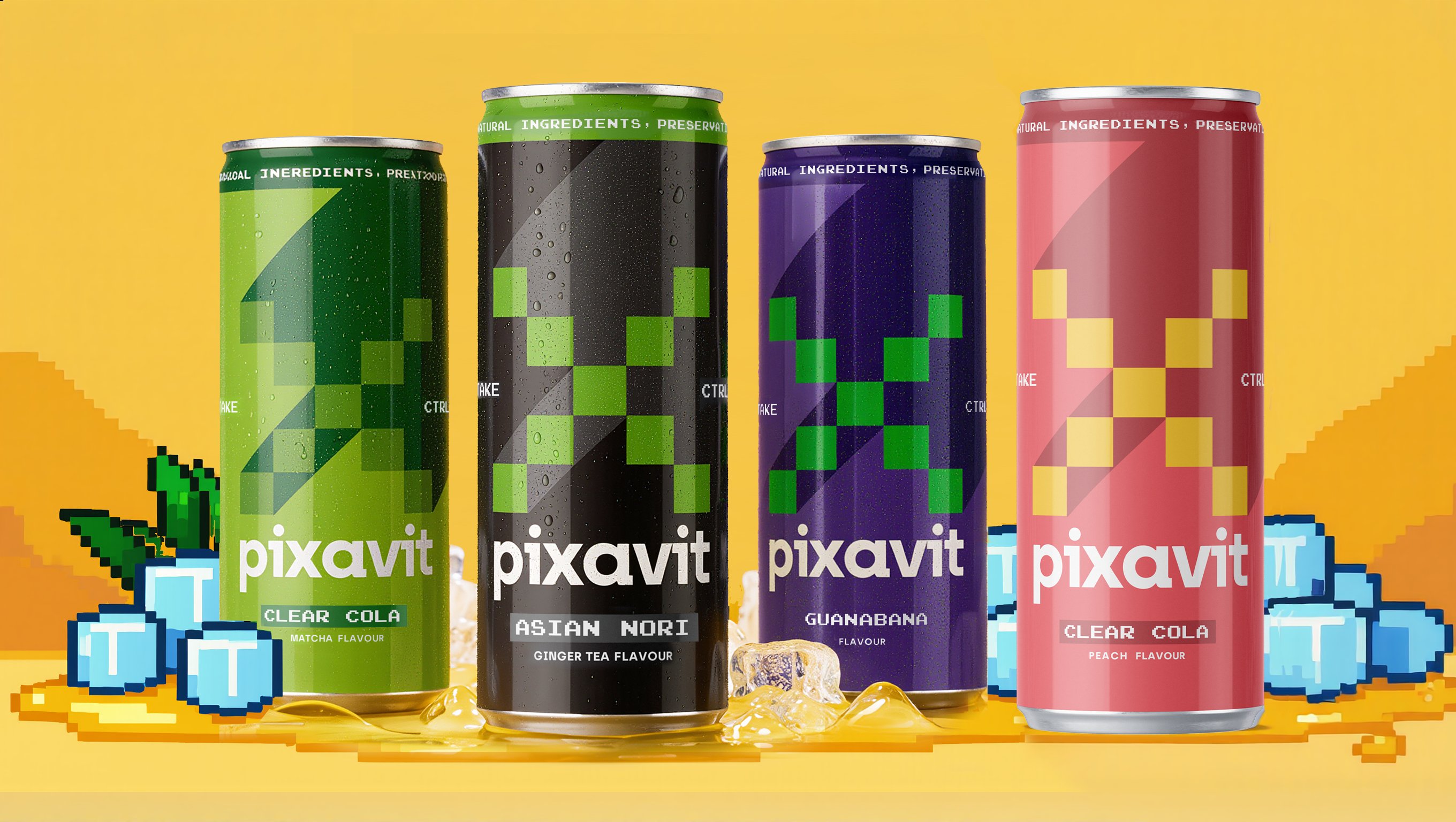 Pixavit — 4 smaki: Clear Cola Matcha, Asian Nori, Guanabana, Clear Cola Peach